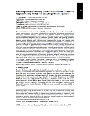 Evaluating Haptic and Auditory Directional Guidance to Assist Blind People in Reading Printed Text Using Finger-Mounted Cameras